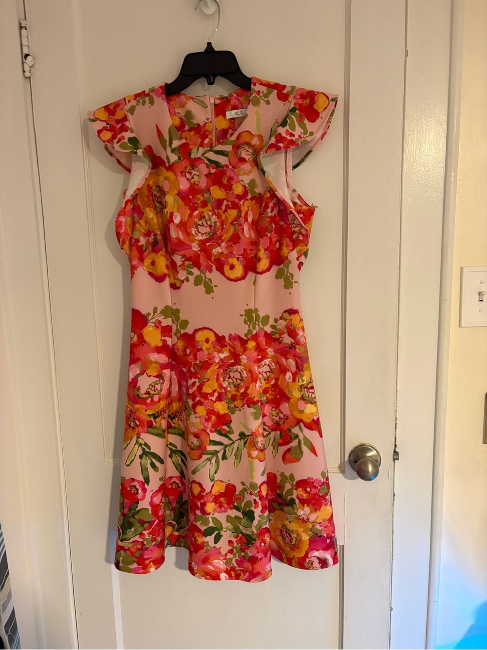 Floral Pink A-line Dress with Ruffled Shoulders